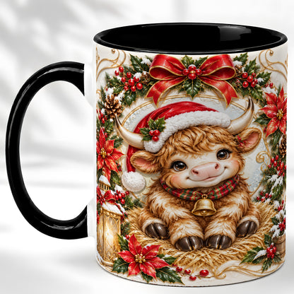 #pl[11oz|Black] Christmas Highland Cow Coffee Mug, Poinsettia Cow Mug, Ceramic Cup