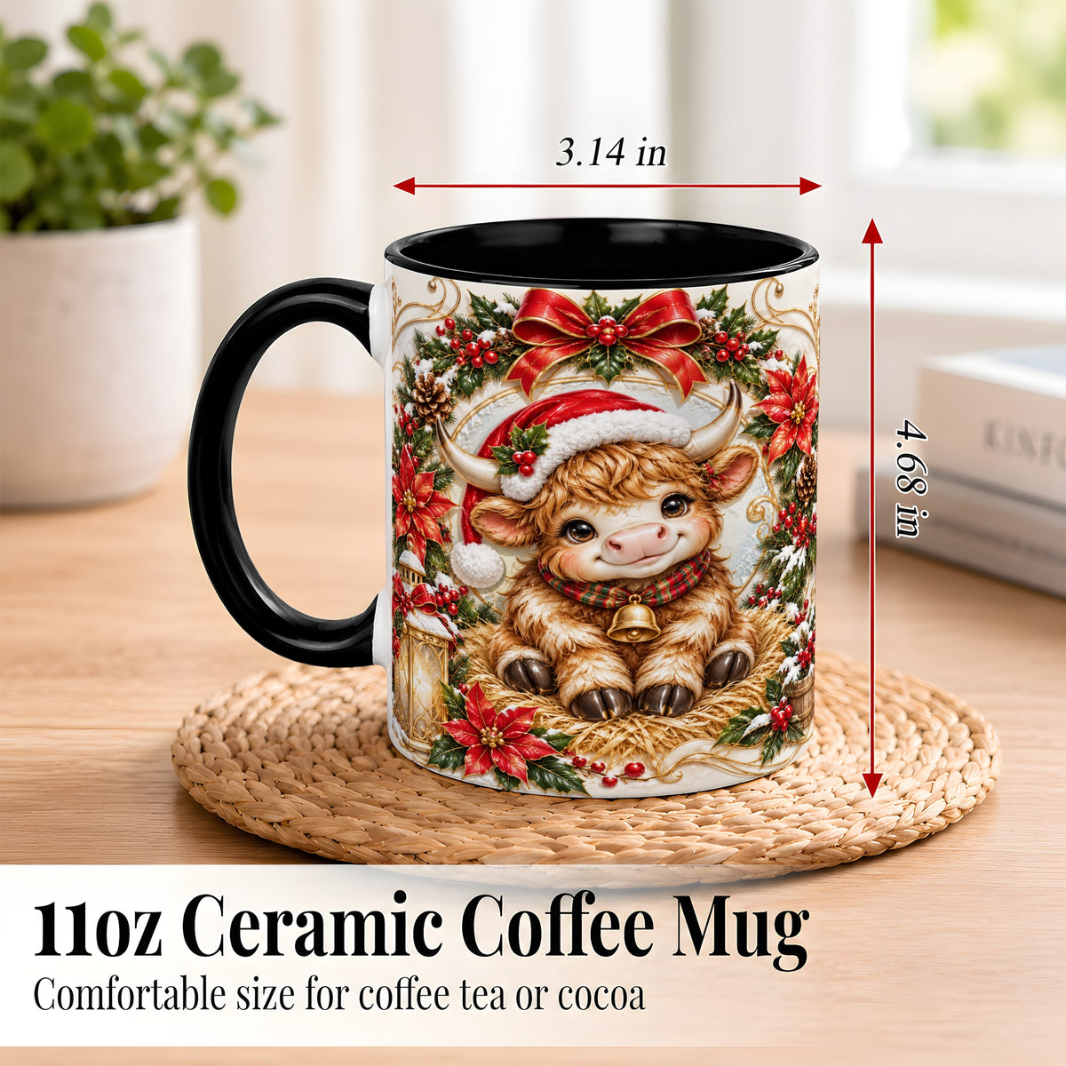 #pl[11oz|Black] Christmas Highland Cow Coffee Mug, Poinsettia Cow Mug, Ceramic Cup