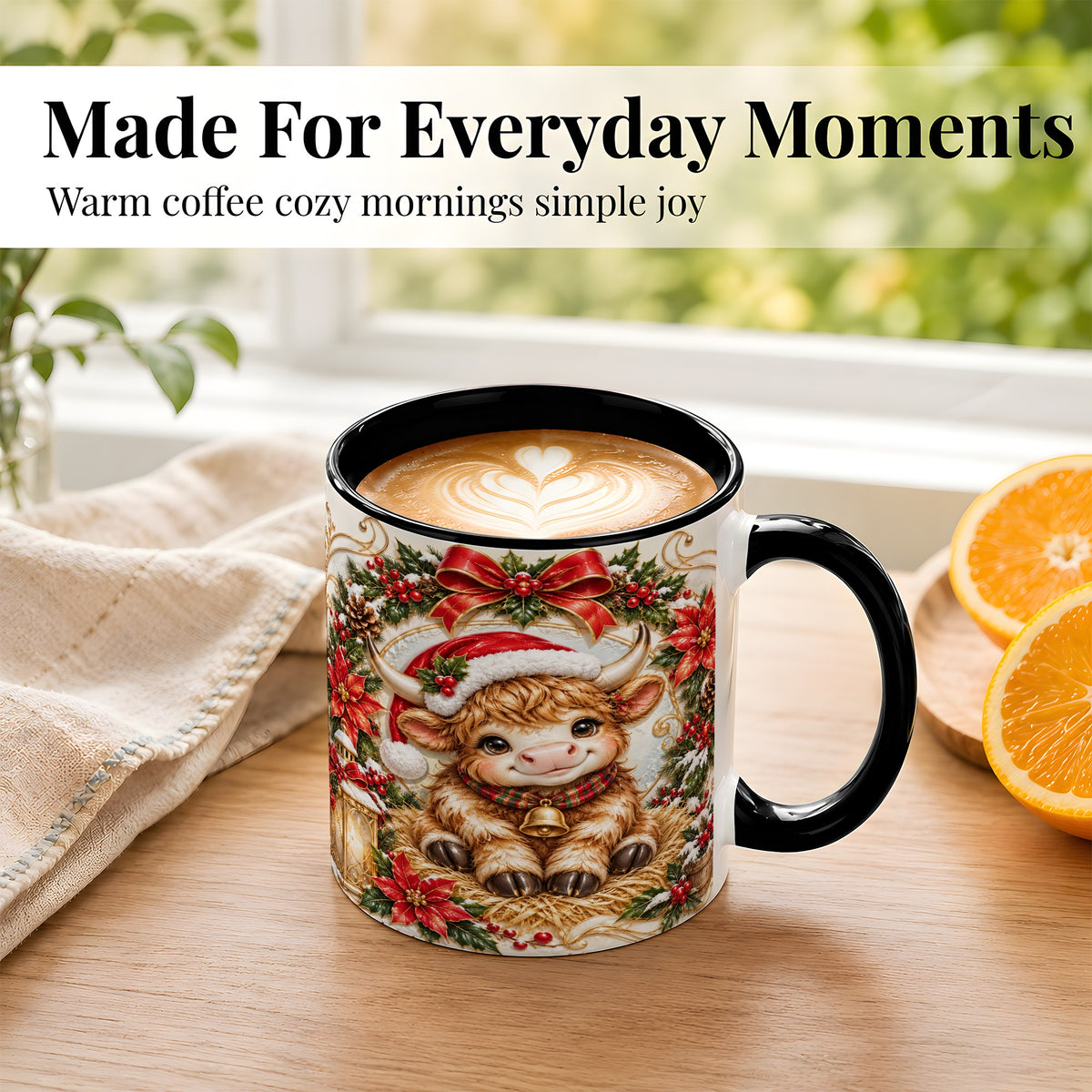 #pl[11oz|Black] Christmas Highland Cow Coffee Mug, Poinsettia Cow Mug, Ceramic Cup