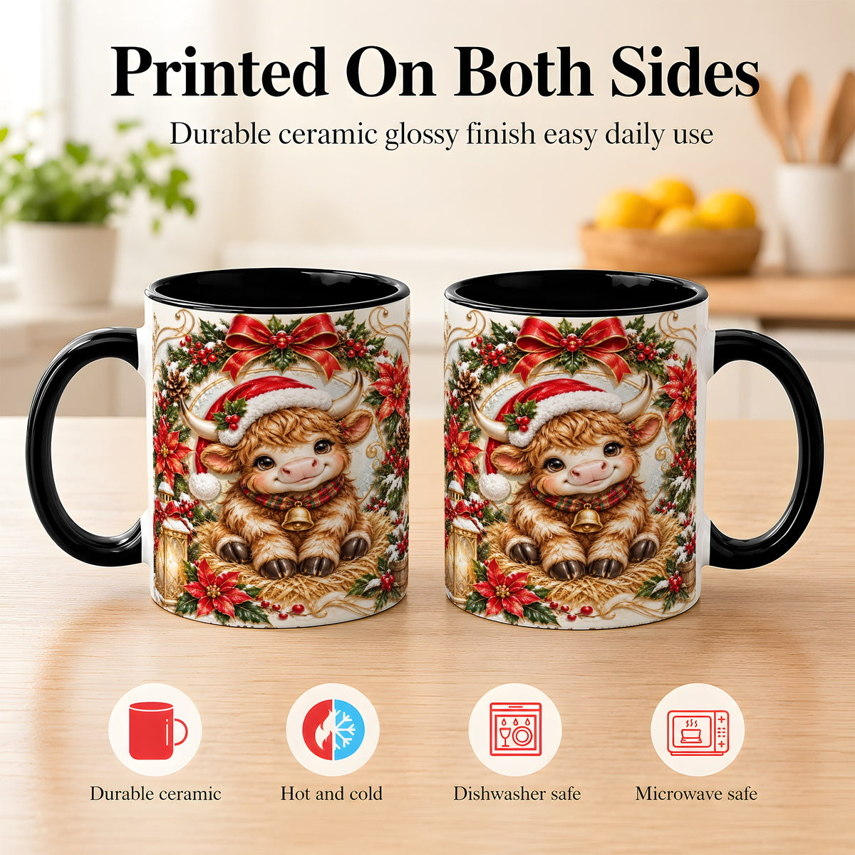 #pl[11oz|Black] Christmas Highland Cow Coffee Mug, Poinsettia Cow Mug, Ceramic Cup