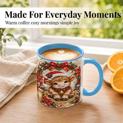 #pl[11oz|Blue] Christmas Highland Cow Coffee Mug, Poinsettia Cow Mug, Ceramic Cup