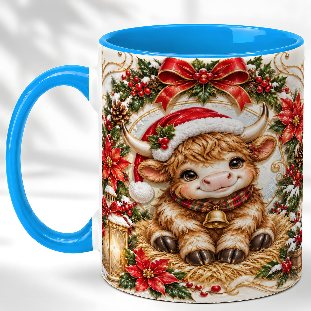 #pl[11oz|Blue] Christmas Highland Cow Coffee Mug, Poinsettia Cow Mug, Ceramic Cup