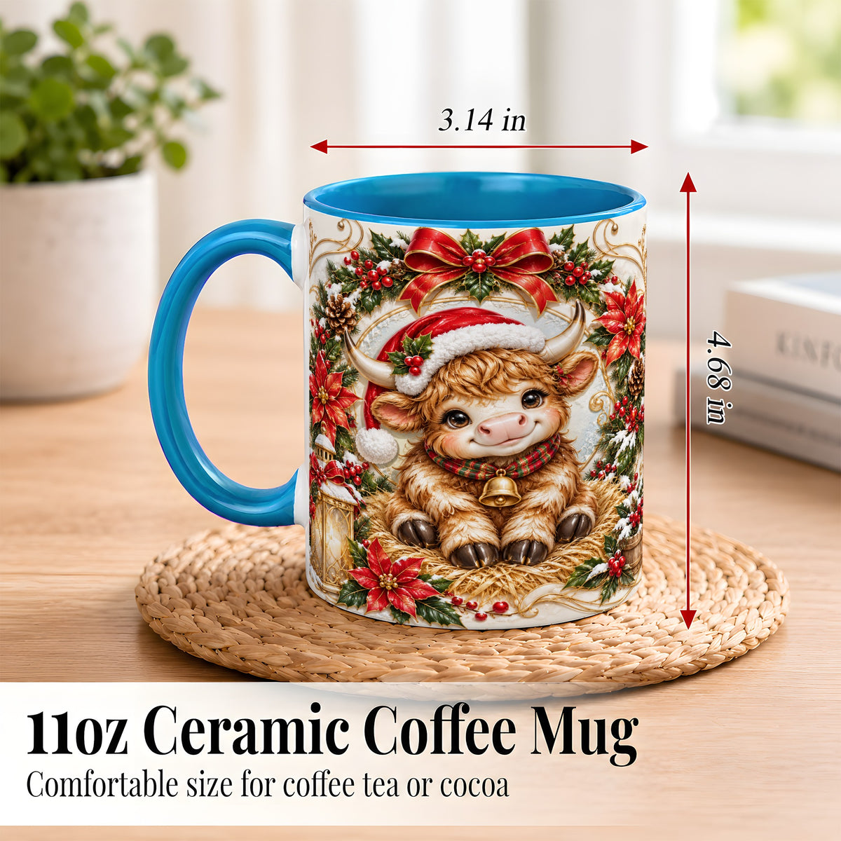#pl[11oz|Blue] Christmas Highland Cow Coffee Mug, Poinsettia Cow Mug, Ceramic Cup