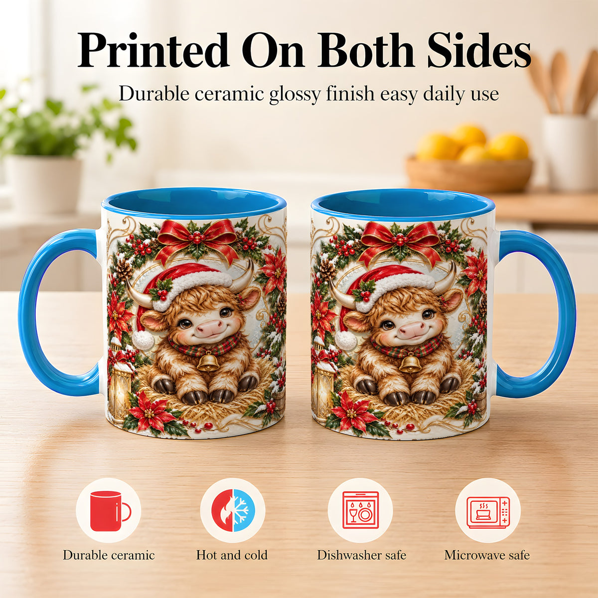 #pl[11oz|Blue] Christmas Highland Cow Coffee Mug, Poinsettia Cow Mug, Ceramic Cup
