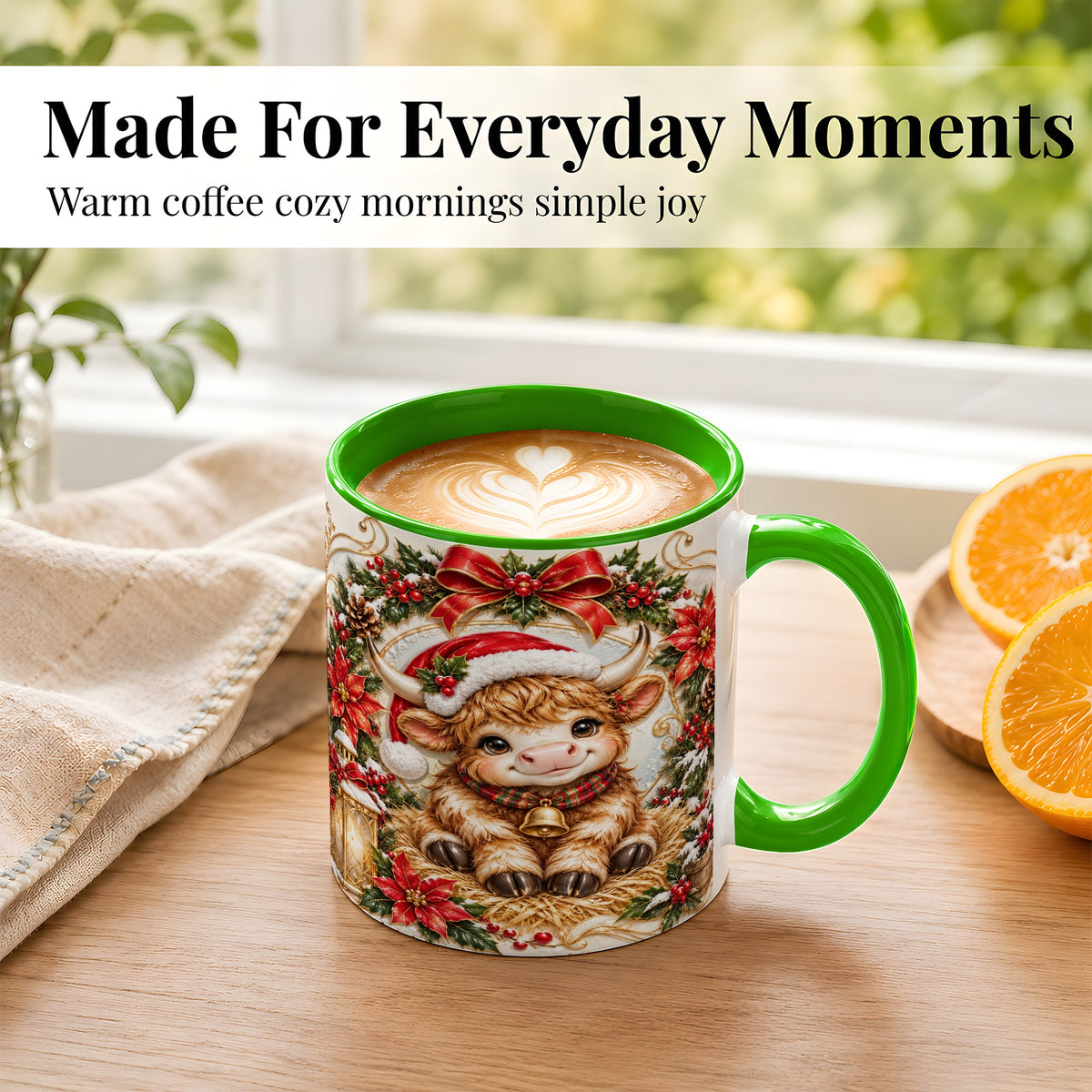 #pl[11oz|Green] Christmas Highland Cow Coffee Mug, Poinsettia Cow Mug, Ceramic Cup