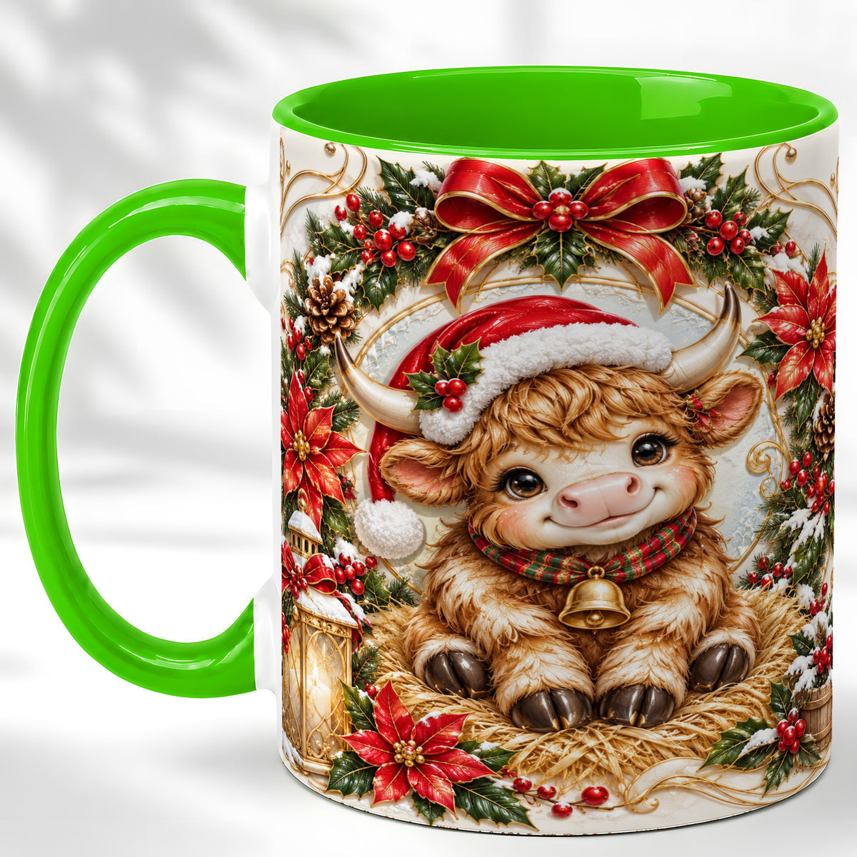 #pl[11oz|Green] Christmas Highland Cow Coffee Mug, Poinsettia Cow Mug, Ceramic Cup