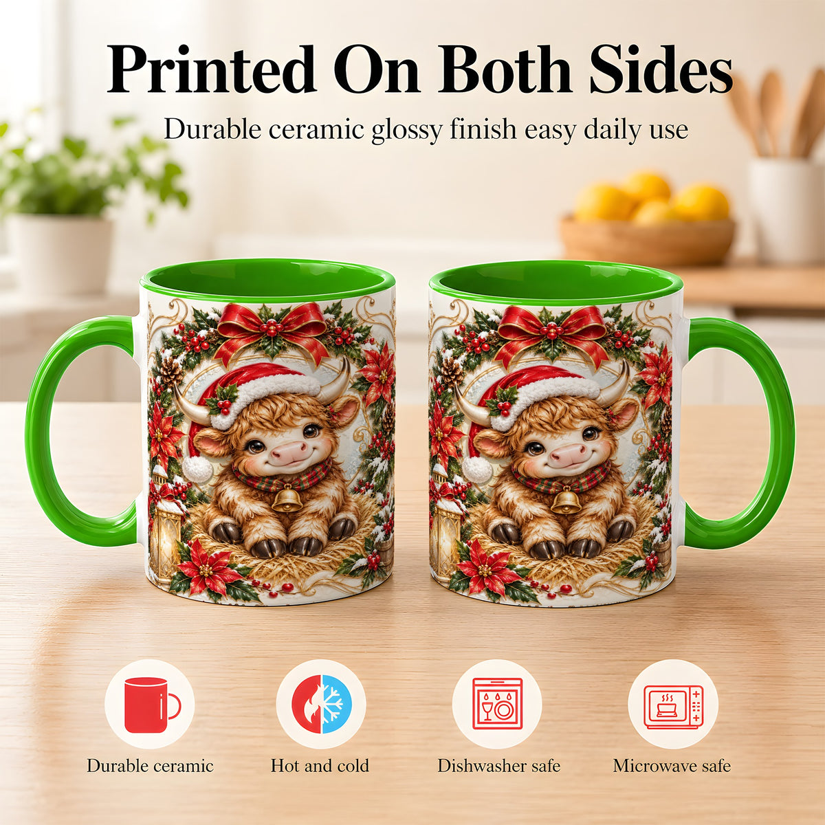 #pl[11oz|Green] Christmas Highland Cow Coffee Mug, Poinsettia Cow Mug, Ceramic Cup