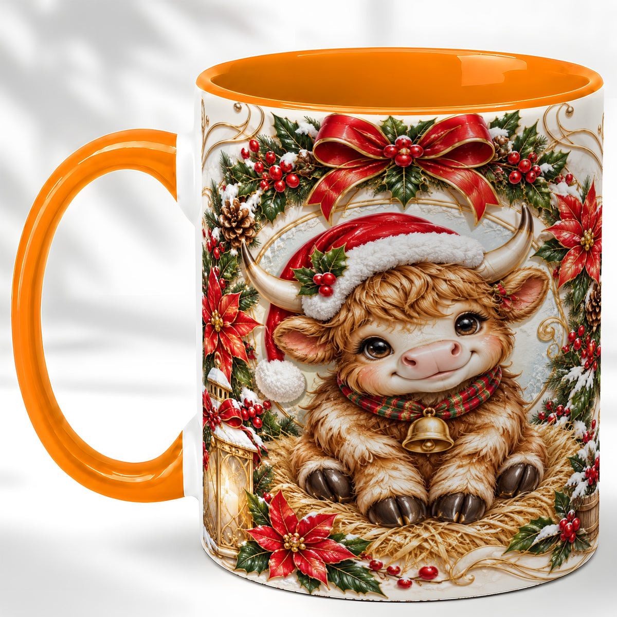 #pl[11oz|Orange] Christmas Highland Cow Coffee Mug, Poinsettia Cow Mug, Ceramic Cup