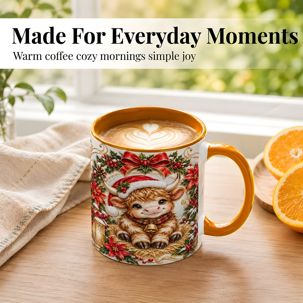 #pl[11oz|Orange] Christmas Highland Cow Coffee Mug, Poinsettia Cow Mug, Ceramic Cup