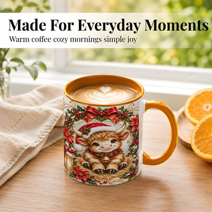 #pl[11oz|Orange] Christmas Highland Cow Coffee Mug, Poinsettia Cow Mug, Ceramic Cup