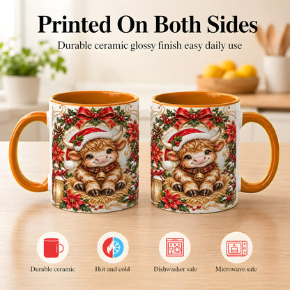 #pl[11oz|Orange] Christmas Highland Cow Coffee Mug, Poinsettia Cow Mug, Ceramic Cup