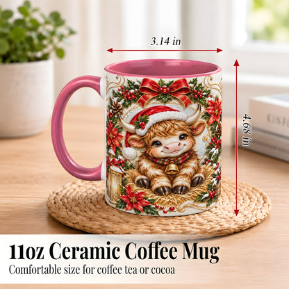 #pl[11oz|Pink] Christmas Highland Cow Coffee Mug, Poinsettia Cow Mug, Ceramic Cup