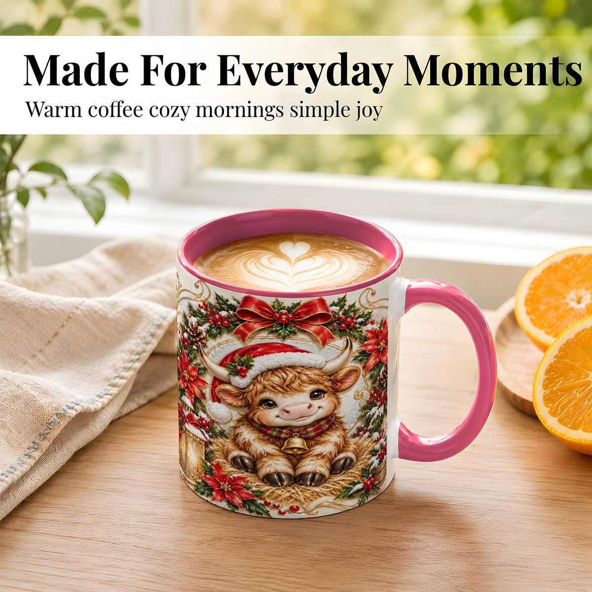 #pl[11oz|Pink] Christmas Highland Cow Coffee Mug, Poinsettia Cow Mug, Ceramic Cup