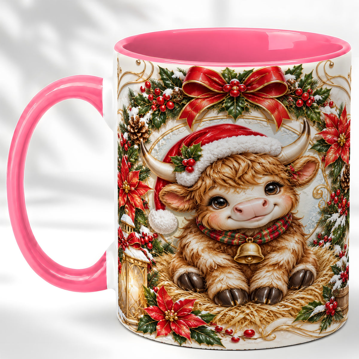 #pl[11oz|Pink] Christmas Highland Cow Coffee Mug, Poinsettia Cow Mug, Ceramic Cup