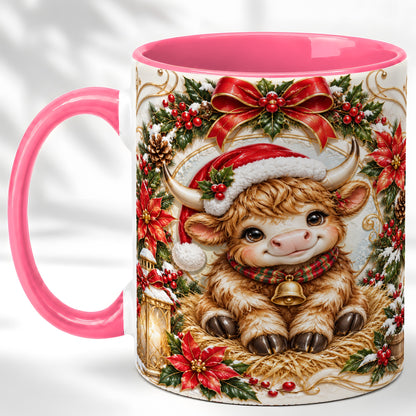 #pl[11oz|Pink] Christmas Highland Cow Coffee Mug, Poinsettia Cow Mug, Ceramic Cup
