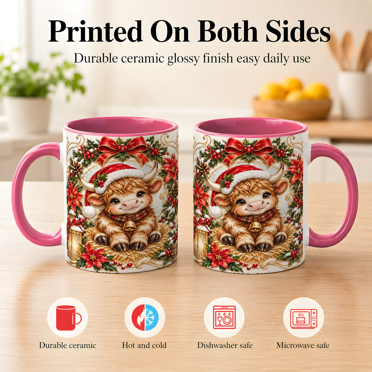 #pl[11oz|Pink] Christmas Highland Cow Coffee Mug, Poinsettia Cow Mug, Ceramic Cup