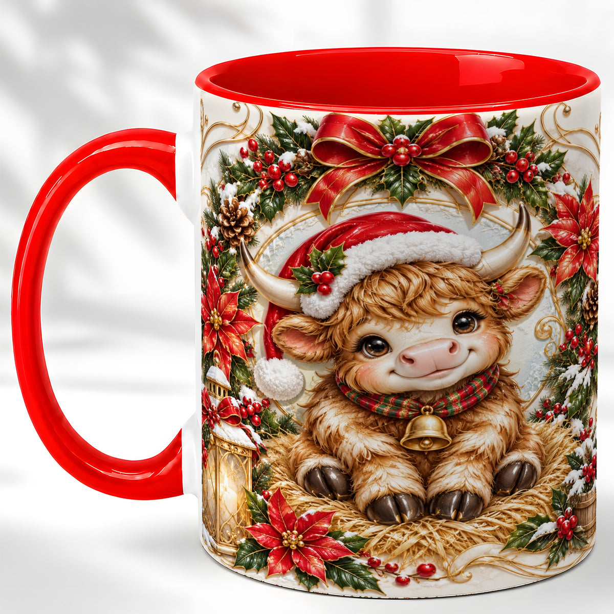 #pl[11oz|Red] Christmas Highland Cow Coffee Mug, Poinsettia Cow Mug, Ceramic Cup