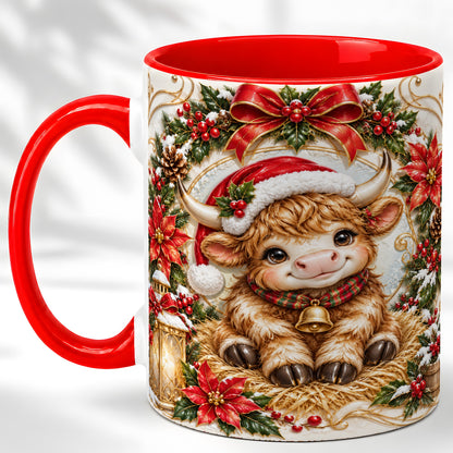 #pl[11oz|Red] Christmas Highland Cow Coffee Mug, Poinsettia Cow Mug, Ceramic Cup