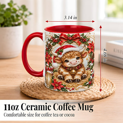 #pl[11oz|Red] Christmas Highland Cow Coffee Mug, Poinsettia Cow Mug, Ceramic Cup