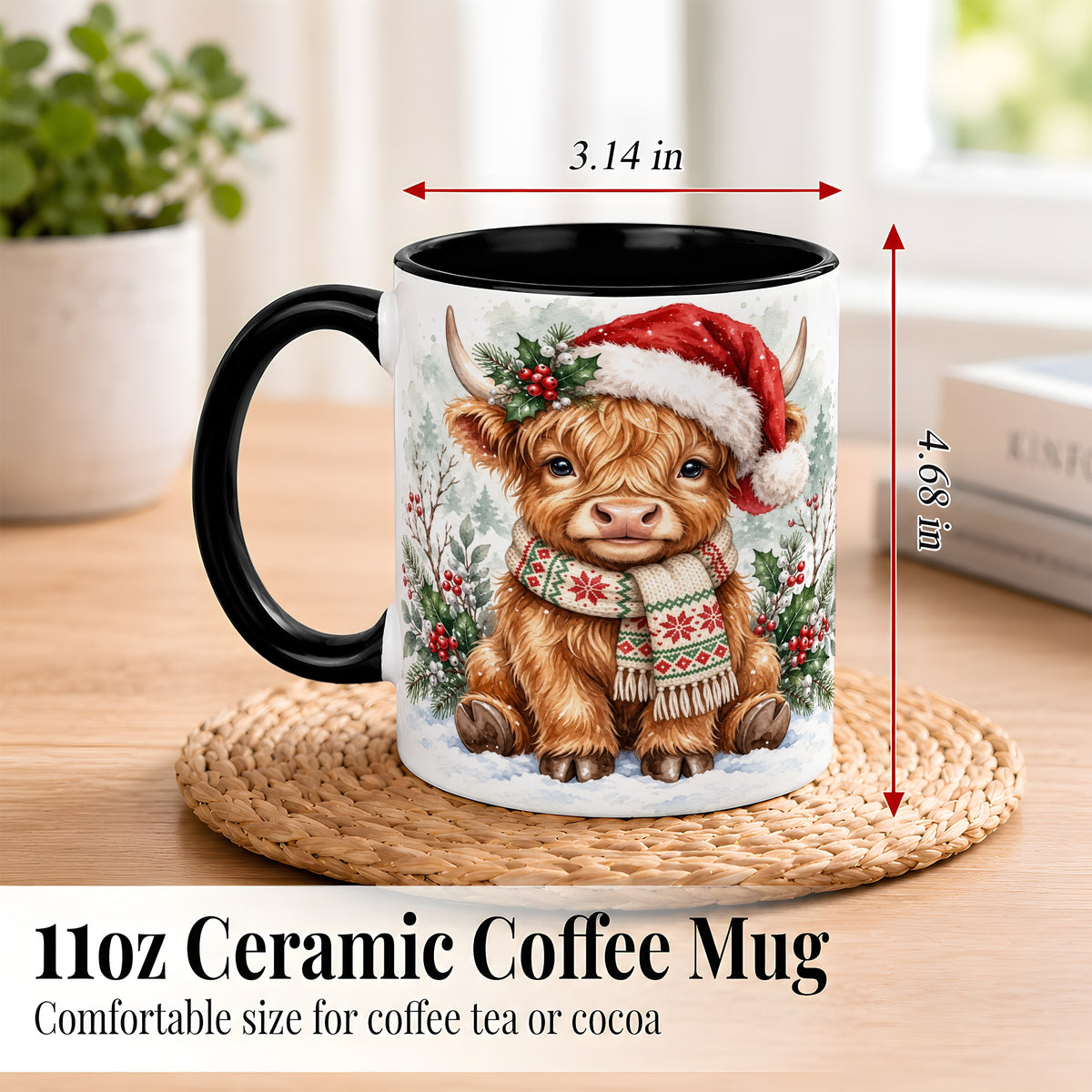 #pl[11oz|Black] Highland Cow Christmas Coffee Mug, Winter Calf Mug, Ceramic Cup