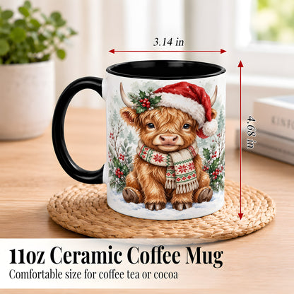 #pl[11oz|Black] Highland Cow Christmas Coffee Mug, Winter Calf Mug, Ceramic Cup