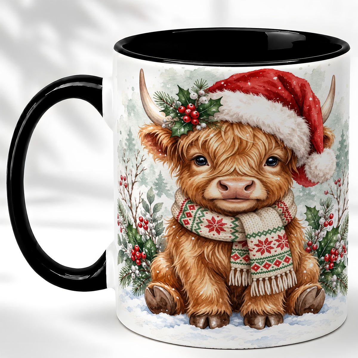 #pl[11oz|Black] Highland Cow Christmas Coffee Mug, Winter Calf Mug, Ceramic Cup