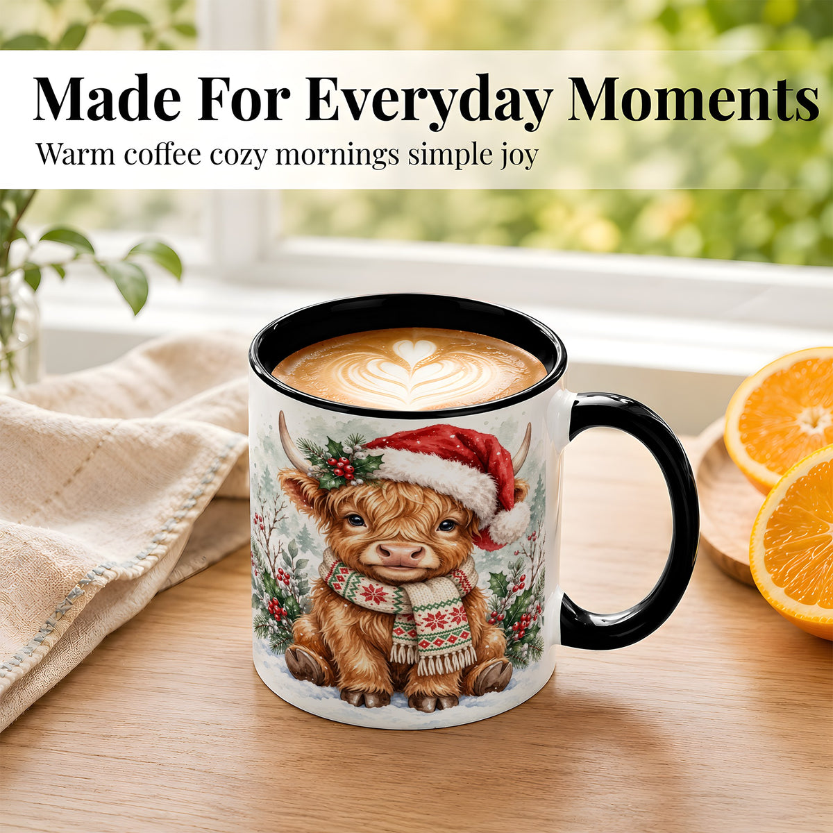 #pl[11oz|Black] Highland Cow Christmas Coffee Mug, Winter Calf Mug, Ceramic Cup