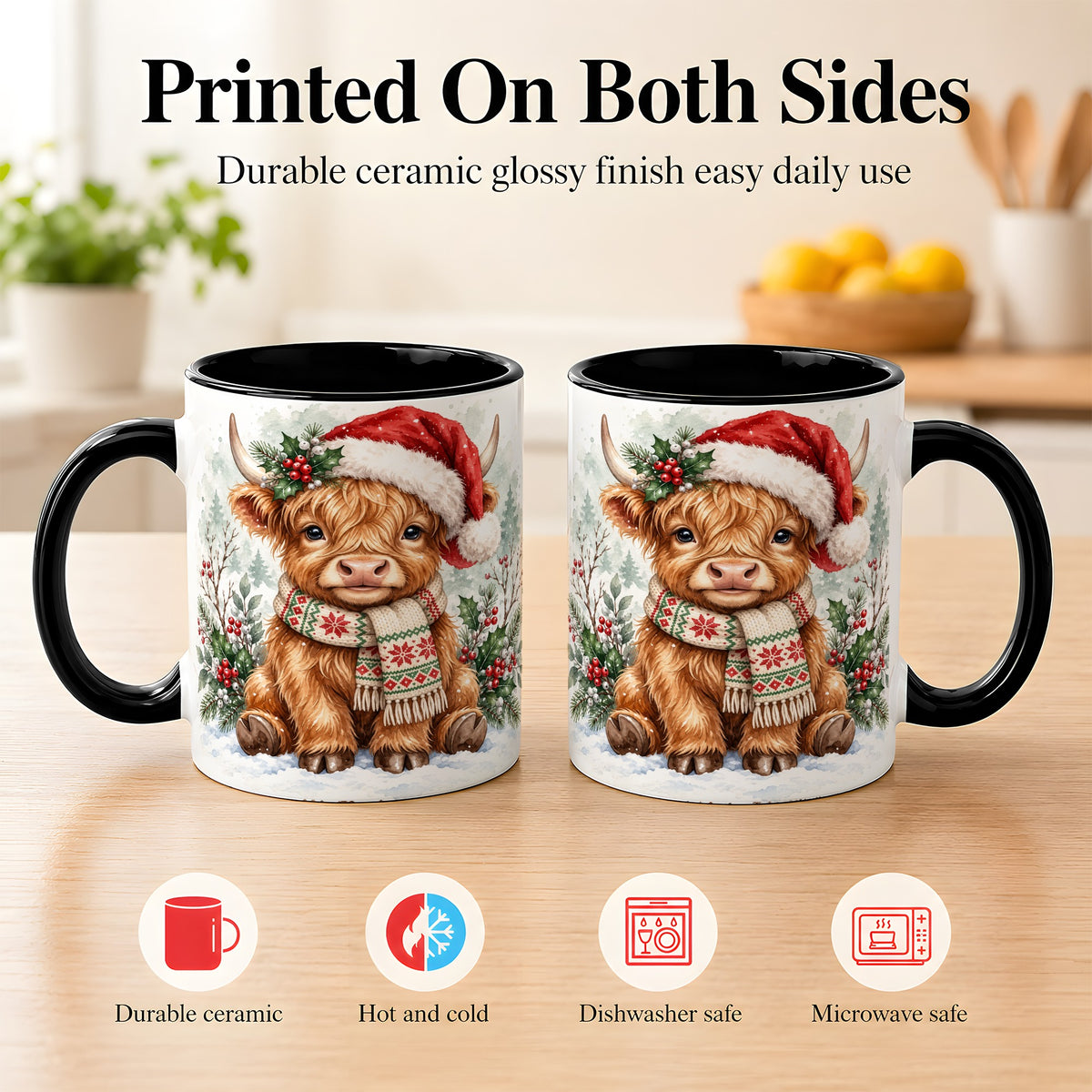 #pl[11oz|Black] Highland Cow Christmas Coffee Mug, Winter Calf Mug, Ceramic Cup
