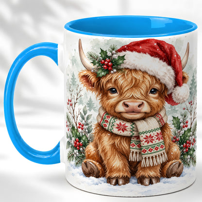 #pl[11oz|Blue] Highland Cow Christmas Coffee Mug, Winter Calf Mug, Ceramic Cup