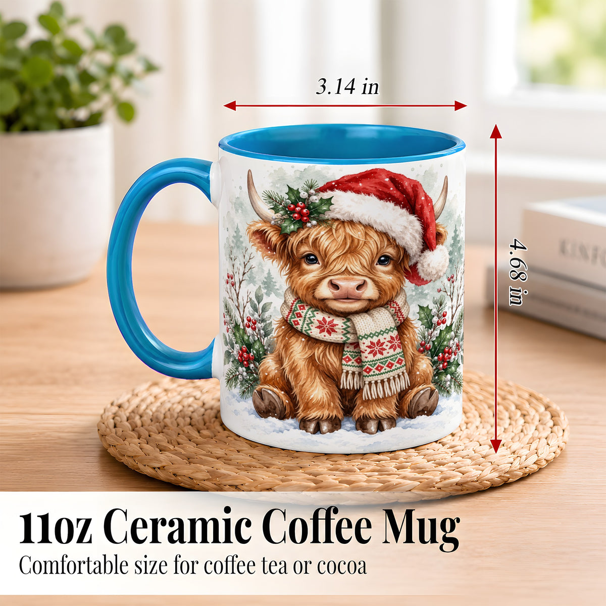#pl[11oz|Blue] Highland Cow Christmas Coffee Mug, Winter Calf Mug, Ceramic Cup