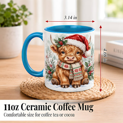 #pl[11oz|Blue] Highland Cow Christmas Coffee Mug, Winter Calf Mug, Ceramic Cup