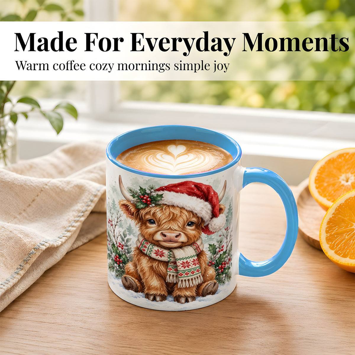 #pl[11oz|Blue] Highland Cow Christmas Coffee Mug, Winter Calf Mug, Ceramic Cup