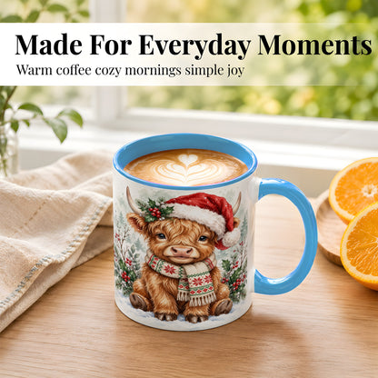 #pl[11oz|Blue] Highland Cow Christmas Coffee Mug, Winter Calf Mug, Ceramic Cup