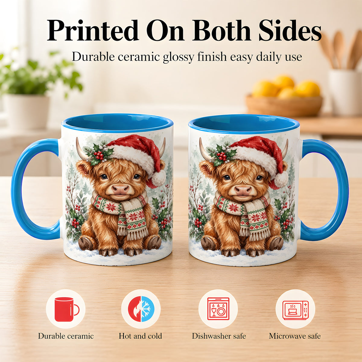 #pl[11oz|Blue] Highland Cow Christmas Coffee Mug, Winter Calf Mug, Ceramic Cup