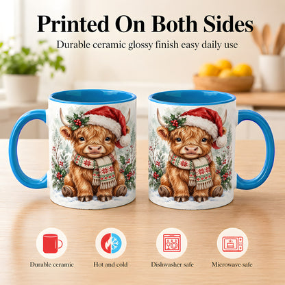 #pl[11oz|Blue] Highland Cow Christmas Coffee Mug, Winter Calf Mug, Ceramic Cup