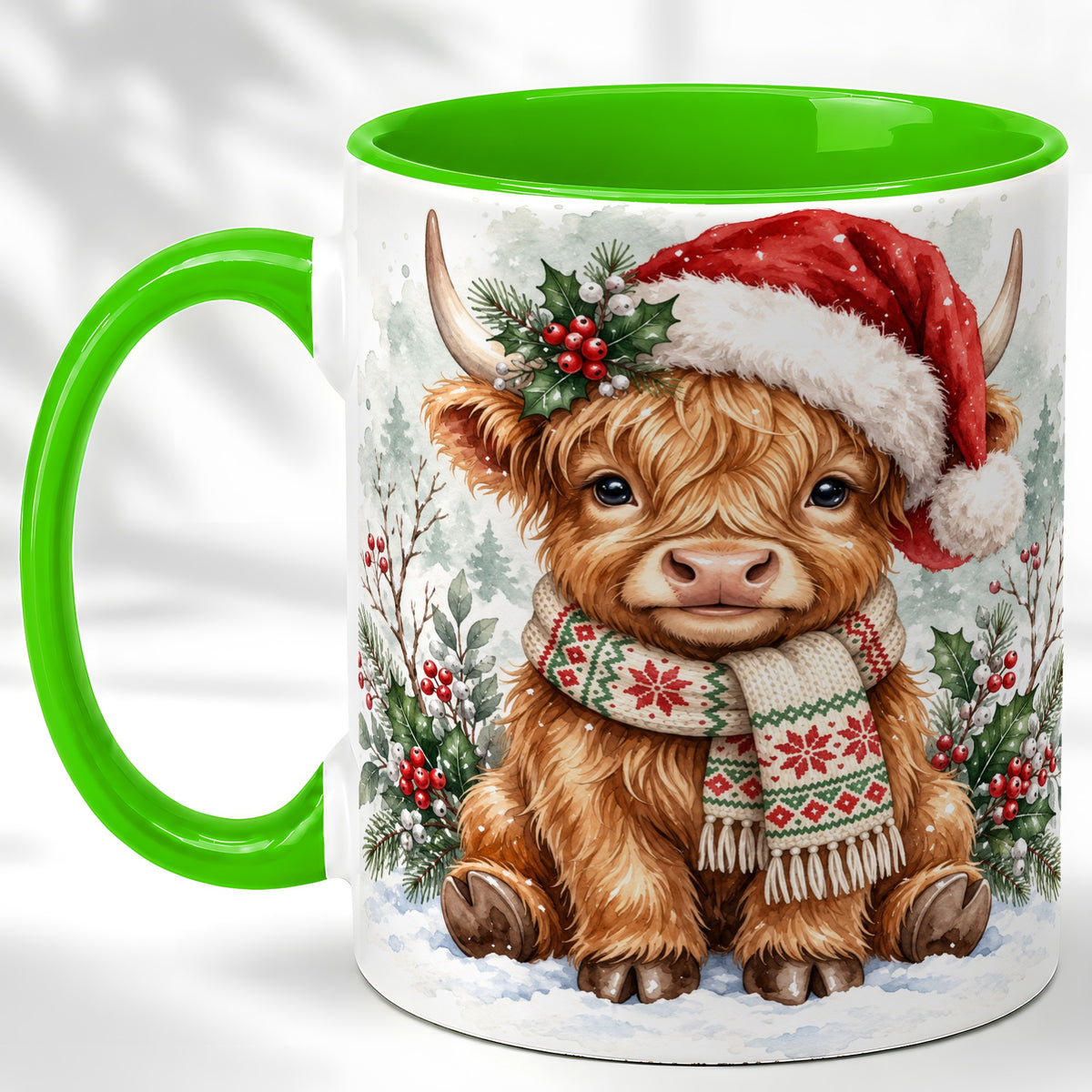 #pl[11oz|Green] Highland Cow Christmas Coffee Mug, Winter Calf Mug, Ceramic Cup