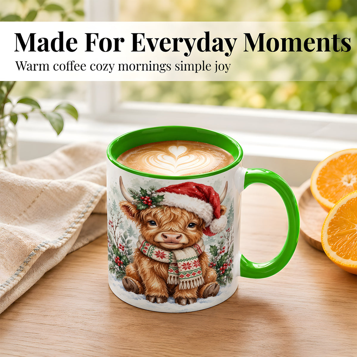 #pl[11oz|Green] Highland Cow Christmas Coffee Mug, Winter Calf Mug, Ceramic Cup
