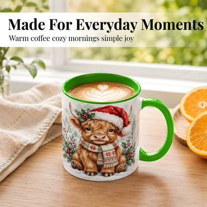 #pl[11oz|Green] Highland Cow Christmas Coffee Mug, Winter Calf Mug, Ceramic Cup