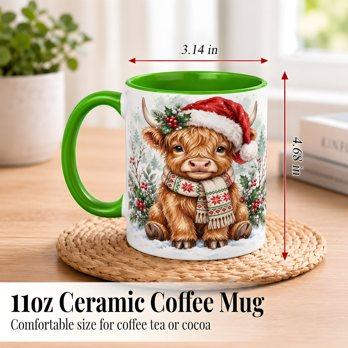 #pl[11oz|Green] Highland Cow Christmas Coffee Mug, Winter Calf Mug, Ceramic Cup