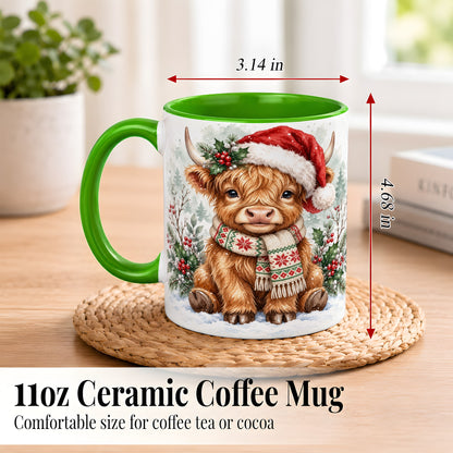 #pl[11oz|Green] Highland Cow Christmas Coffee Mug, Winter Calf Mug, Ceramic Cup