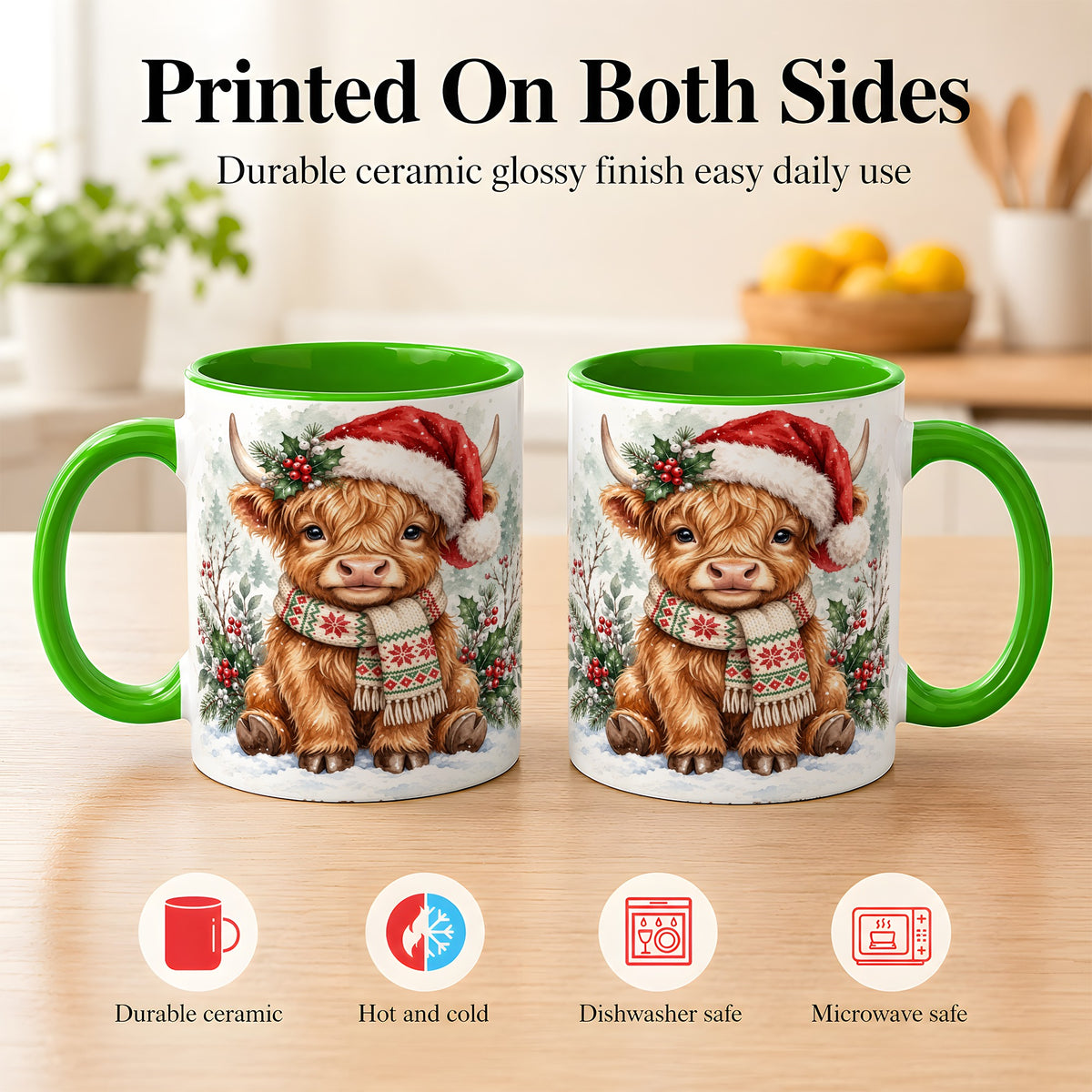 #pl[11oz|Green] Highland Cow Christmas Coffee Mug, Winter Calf Mug, Ceramic Cup