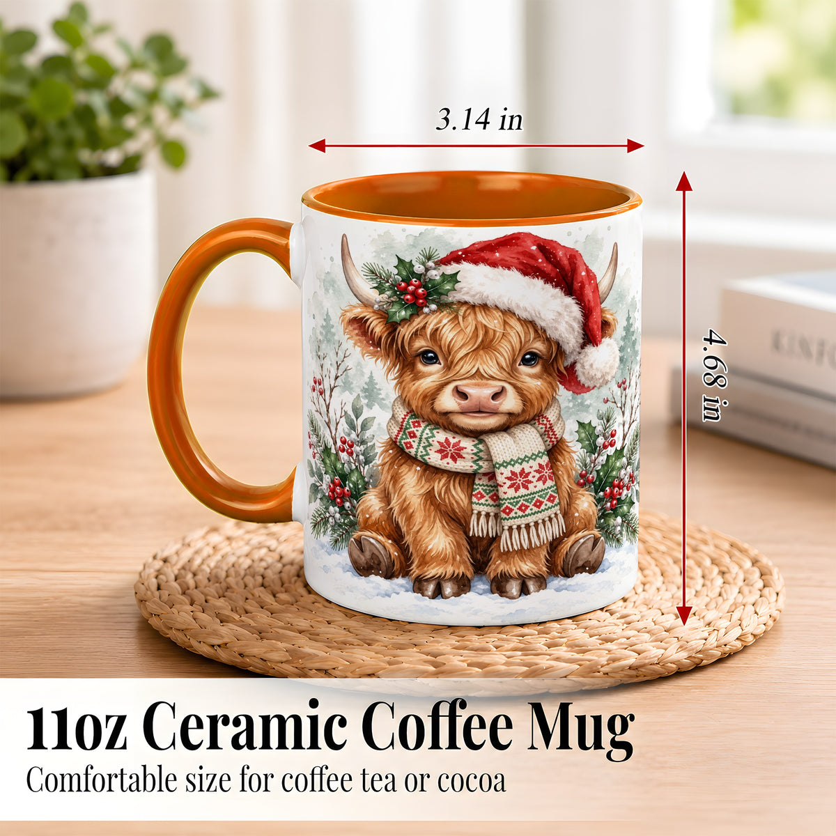 #pl[11oz|Orange] Highland Cow Christmas Coffee Mug, Winter Calf Mug, Ceramic Cup