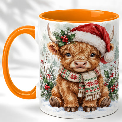 #pl[11oz|Orange] Highland Cow Christmas Coffee Mug, Winter Calf Mug, Ceramic Cup