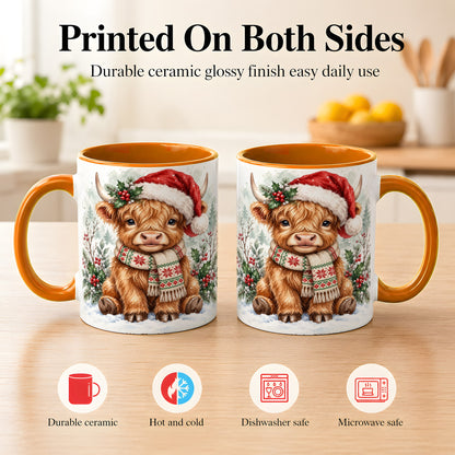 #pl[11oz|Orange] Highland Cow Christmas Coffee Mug, Winter Calf Mug, Ceramic Cup