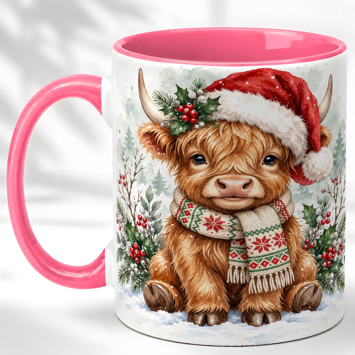 #pl[11oz|Pink] Highland Cow Christmas Coffee Mug, Winter Calf Mug, Ceramic Cup