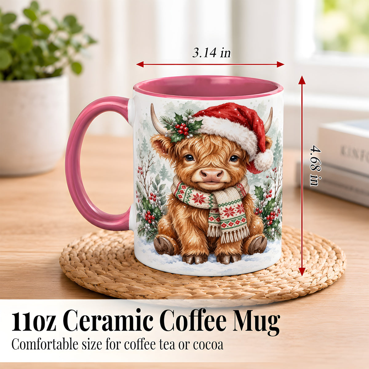 #pl[11oz|Pink] Highland Cow Christmas Coffee Mug, Winter Calf Mug, Ceramic Cup