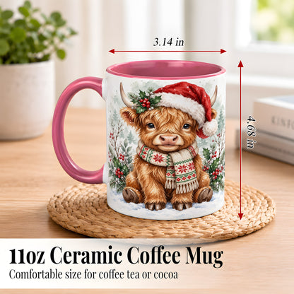 #pl[11oz|Pink] Highland Cow Christmas Coffee Mug, Winter Calf Mug, Ceramic Cup