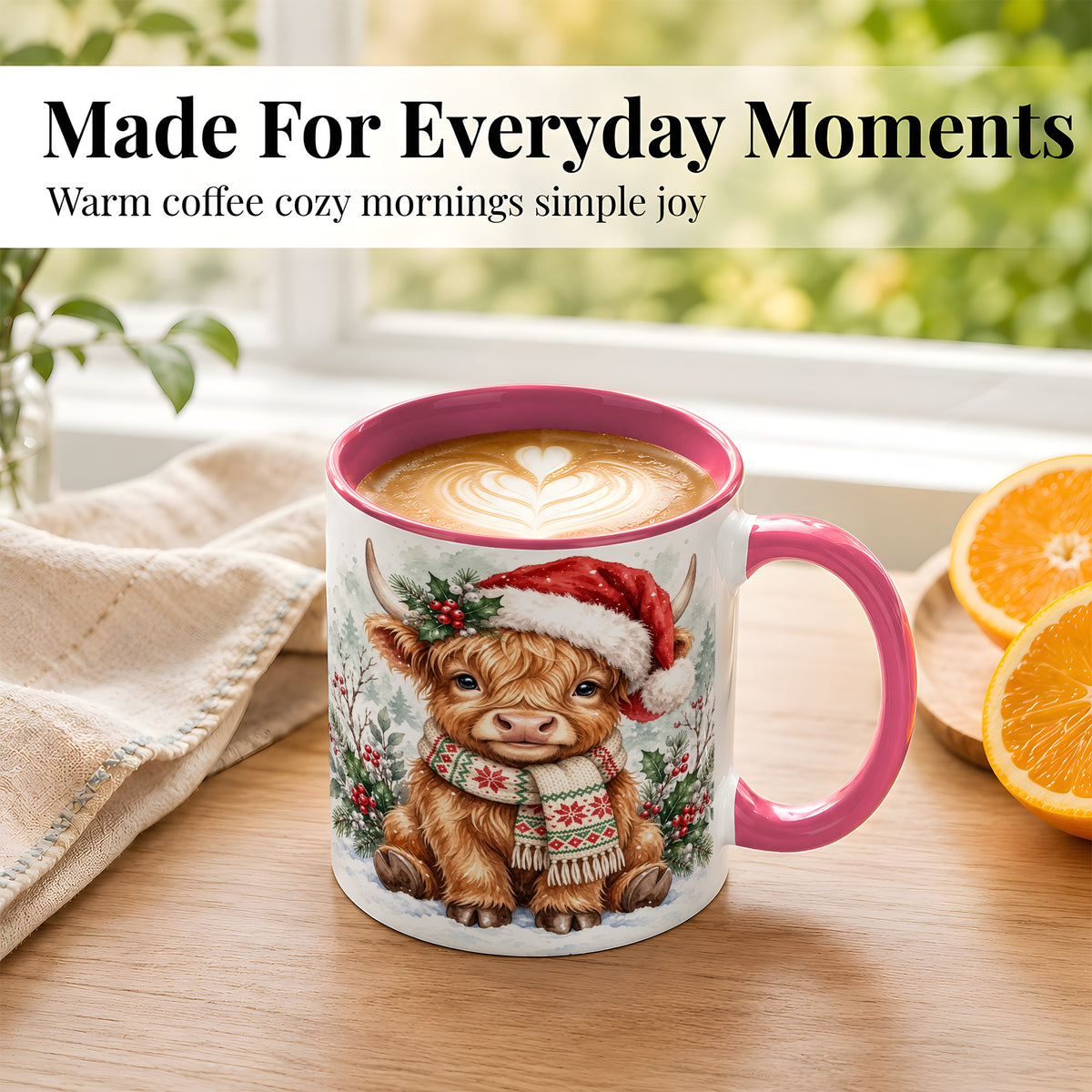 #pl[11oz|Pink] Highland Cow Christmas Coffee Mug, Winter Calf Mug, Ceramic Cup