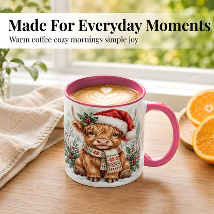 #pl[11oz|Pink] Highland Cow Christmas Coffee Mug, Winter Calf Mug, Ceramic Cup