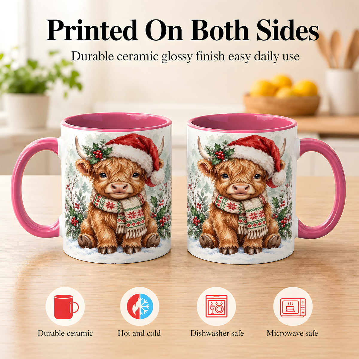 #pl[11oz|Pink] Highland Cow Christmas Coffee Mug, Winter Calf Mug, Ceramic Cup